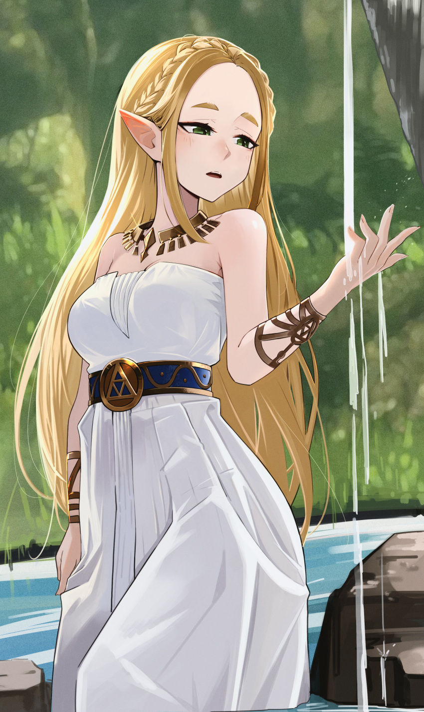 1girl absurdres anizi armlet bare_shoulders belt blonde_hair braid breasts crown_braid dress feet_out_of_frame green_eyes highres large_breasts long_hair pointy_ears princess_zelda solo teeth the_legend_of_zelda the_legend_of_zelda:_breath_of_the_wild triforce_print upper_teeth_only water white_dress