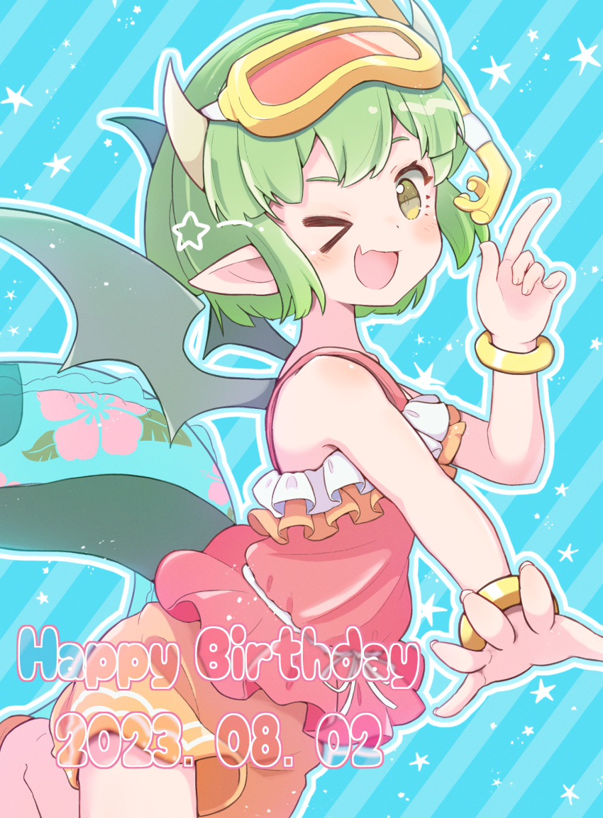 &gt;_o 1girl black_wings blue_background dated draco_centauros dragon_girl dragon_tail fang fingernails goggles goggles_on_head green_eyes green_hair happy_birthday highres index_finger_raised jazz_grace looking_at_viewer madou_monogatari one_eye_closed open_mouth orange_shorts pointy_ears puyopuyo red_shirt sandals shirt shorts skin_fang snorkel solo striped striped_background swim_goggles swimsuit tail wings yellow_bracelet