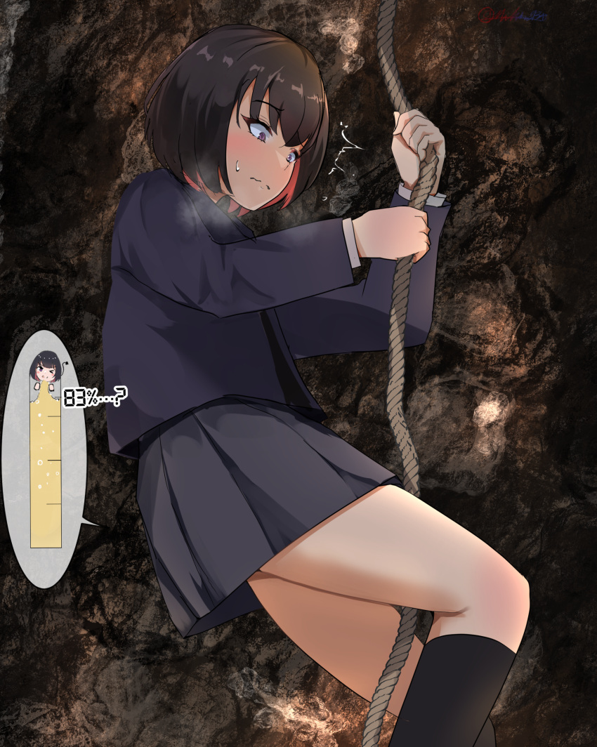 1girl ^^^ artist_name black_hair black_skirt black_socks blue_jacket blush bob_cut breath cave climbing closed_mouth colored_inner_hair commentary_request commission constricted_pupils from_side hands_up have_to_pee highres holding holding_rope jacket kneehighs long_sleeves michinoku_(michino934) miniskirt multicolored_hair nervous original pleated_skirt purple_eyes raised_eyebrow red_hair rope school_uniform shirt short_hair sidelocks signature skeb_commission skirt socks solo speech_bubble split_mouth surprised sweat thighs twitter_username two-tone_hair urine_meter wavy_mouth white_shirt