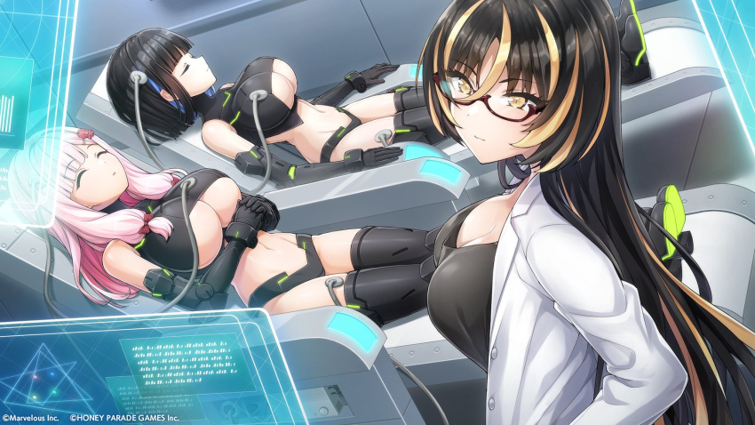 3girls amadea_wolfa black_hair blonde_hair blue_hair blunt_bangs breasts cleavage closed_eyes dolphin_wave eines_(dolphin_wave) elbow_gloves glasses gloves hair_between_eyes hair_ornament hairclip highres lab_coat long_hair lying midriff multicolored_hair multiple_girls nacht_(dolphin_wave) navel official_art on_back ootomo_takuji pink_hair short_hair striped_hair thighhighs underboob very_long_hair yellow_eyes