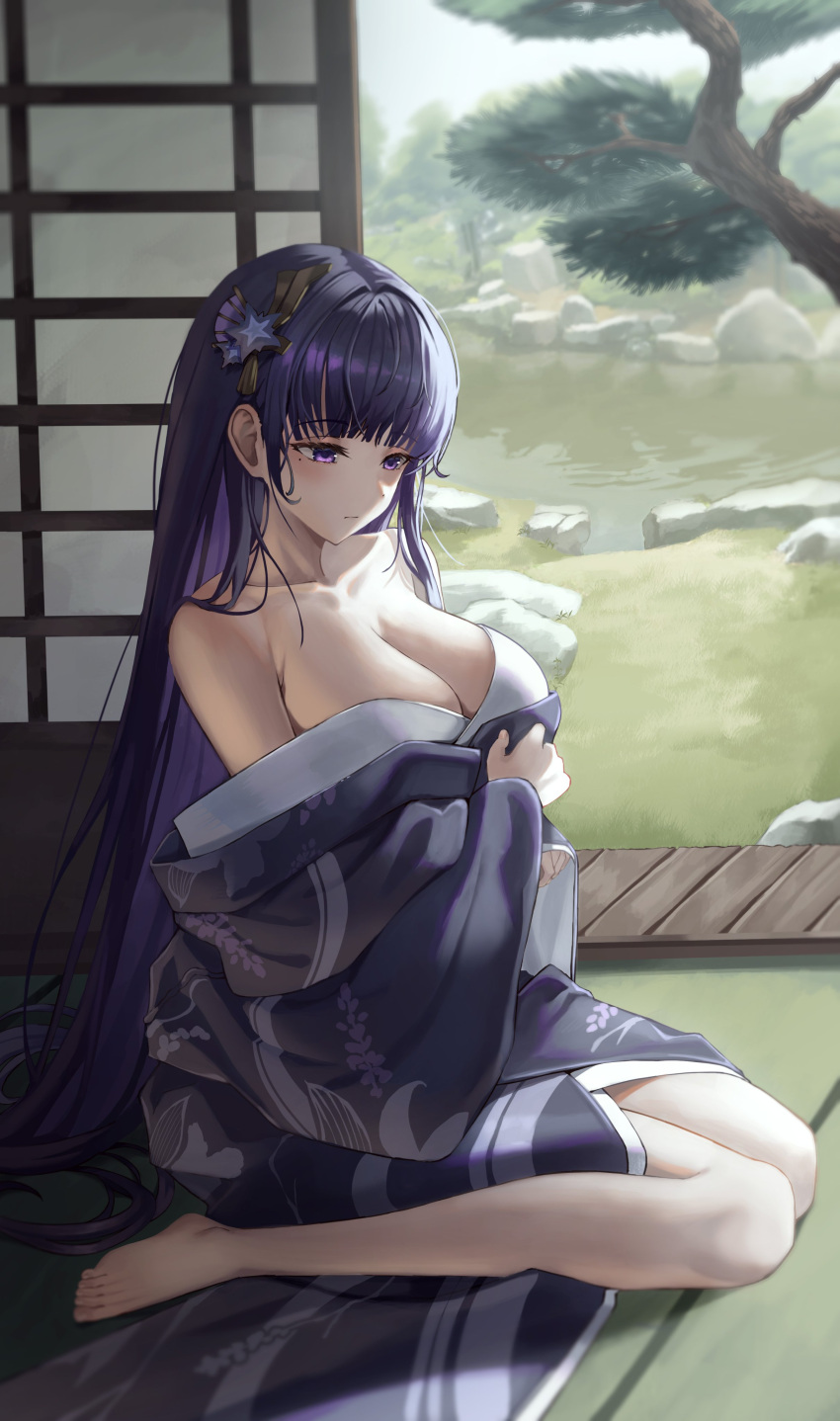 1girl absurdres breasts cleavage genshin_impact hair_ornament highres indoors japanese_clothes kimono large_breasts long_hair looking_down mole mole_under_eye pond purple_eyes purple_hair purple_kimono raiden_shogun sash sitting slime_nyang solo tree wariza