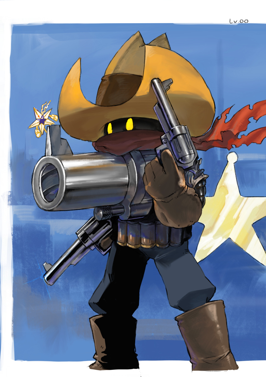 2others absurdres blue_pants boots brown_bandana brown_footwear brown_gloves brown_headwear cowboy_hat digimon digimon_(creature) dual_wielding gloves gun handgun hat highres holding holding_gun holding_weapon level-00 multiple_others no_humans pants revolmon revolver scarf solo_focus star_(symbol) starmon weapon yellow_eyes