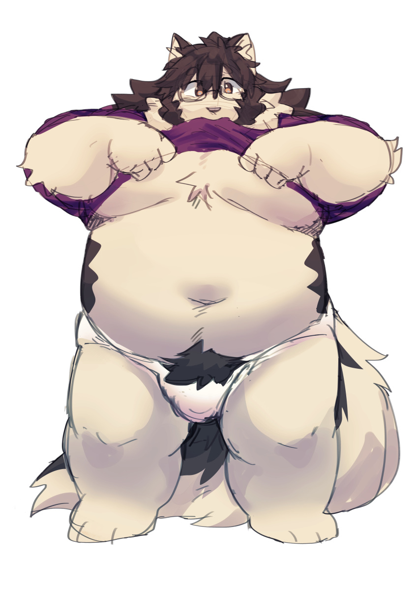 2023 absurd_res anthro belly big_belly bulge canid canine canis clothed clothing clothing_lift domestic_dog hi_res kemono l4zily male mammal moobs navel overweight overweight_male pubes shirt shirt_lift simple_background solo topwear underwear white_background