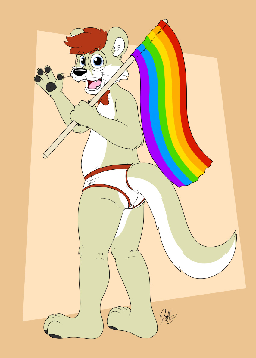 absurd_res aka_the_otter anthro bow_tie briefs clothing colored_seam_underwear cute_fangs doggettdouglasmcdog eyewear eyewear_on_head flag fur gesture glasses hair hi_res holding_flag holding_object lgbt_pride male mammal multicolored_body multicolored_fur mustelid nerd orange_background otter pride_color_flag red_clothing red_hair red_seam_briefs red_seam_underwear simple_background smile smiling_at_viewer solo tan_body tan_fur tighty_whities two_tone_body two_tone_fur underwear waving waving_at_viewer white_body white_briefs white_clothing white_fur white_underwear