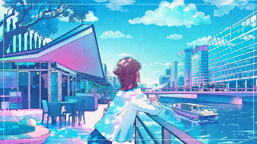 1girl against_railing animal blue_sky boat border bridge brown_hair building bus cafe cat chair city cloud coffee commission cup dappled_sunlight day disposable_cup facing_away fukuoka_(city) hair_bun half_updo hareno_garden highres holding holding_cup long_sleeves medium_hair motor_vehicle original outdoors railing real_world_location river scenery shirt single_hair_bun sky solo standing steam sunlight table tree upper_body wacca005 water watercraft white_cat white_shirt