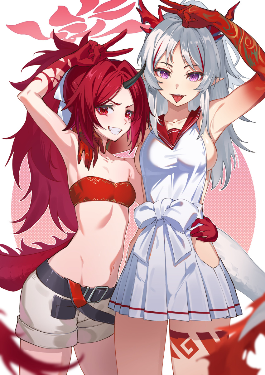 2girls absurdres arknights armpits bandeau belt black_belt black_horns blue_archive blurry blurry_foreground breasts collarbone cosplay costume_switch dragon_tail eyeshadow fangs grey_hair gus1999 hair_intakes halo hand_on_another's_hip hand_on_another's_shoulder hand_up highres horns looking_at_viewer makeup medium_breasts midriff multicolored_hair multiple_girls navel nian_(arknights) nian_(arknights)_(cosplay) parted_bangs pleated_skirt pointy_ears ponytail red_eyes red_eyeshadow red_hair red_horns red_sailor_collar red_tail renge_(blue_archive) renge_(blue_archive)_(cosplay) sailor_collar shorts side-by-side sidelocks single_horn skirt small_breasts smile strapless streaked_hair tail tongue tongue_out trait_connection tube_top upper_body v white_shorts white_skirt