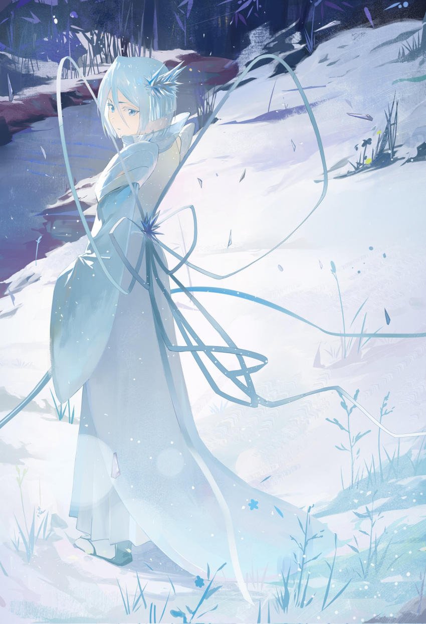 1girl bankai bleach bleach:_the_thousand-year_blood_war blue_eyes blue_hair from_side hair_between_eyes hakka_no_togame_(bankai) highres holding holding_sword holding_weapon ice ice_crystal ice_flower japanese_clothes kimono kuchiki_rukia light_blue_hair long_ribbon outdoors river short_hair snow sword tree water weapon weeds white_kimono wide_sleeves zzz_zhi_he