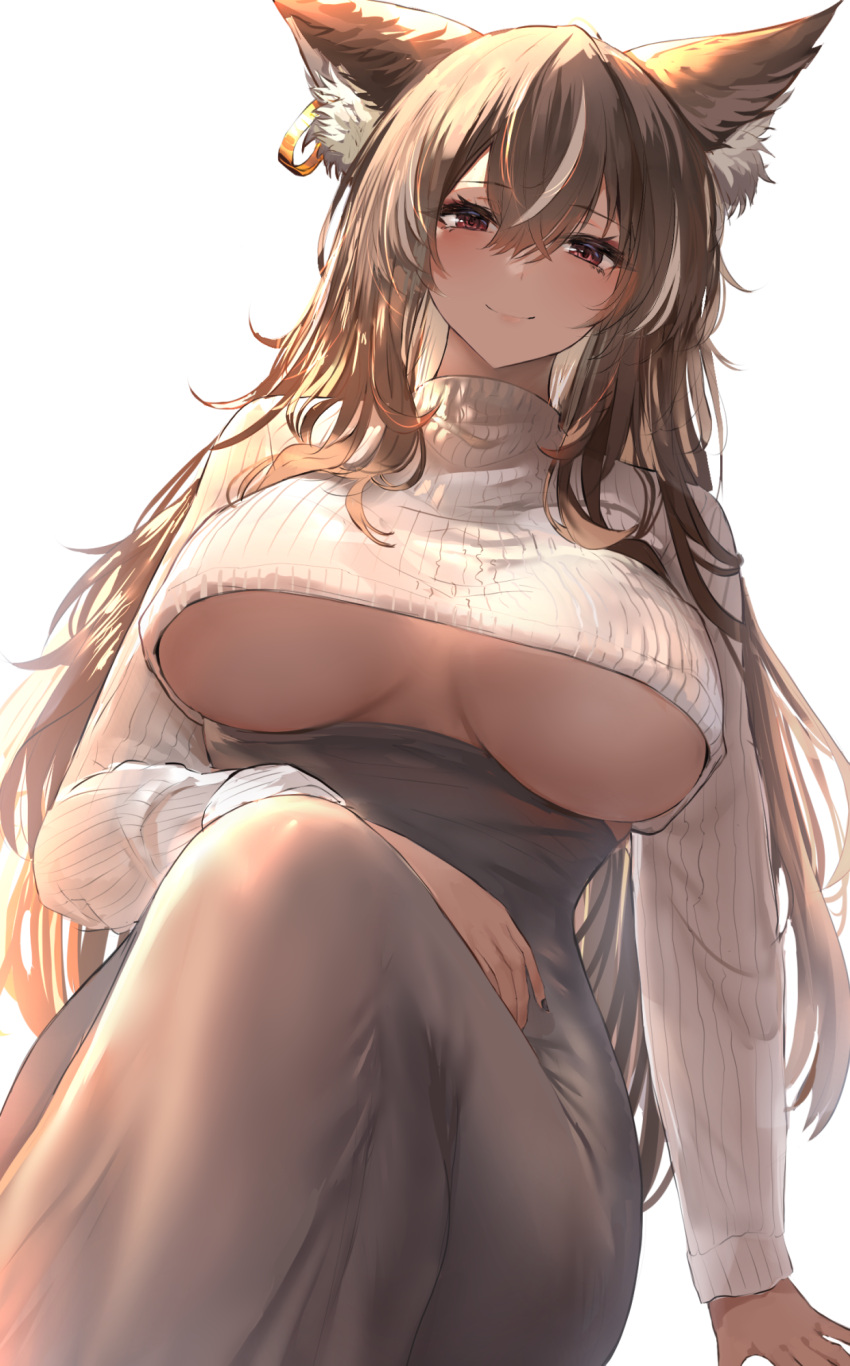 1girl animal_ears blush breasts brown_hair closed_mouth commentary english_commentary fox_ears from_below highres large_breasts liaowen long_sleeves multicolored_hair original purple_eyes simple_background smile solo streaked_hair underboob white_background white_hair