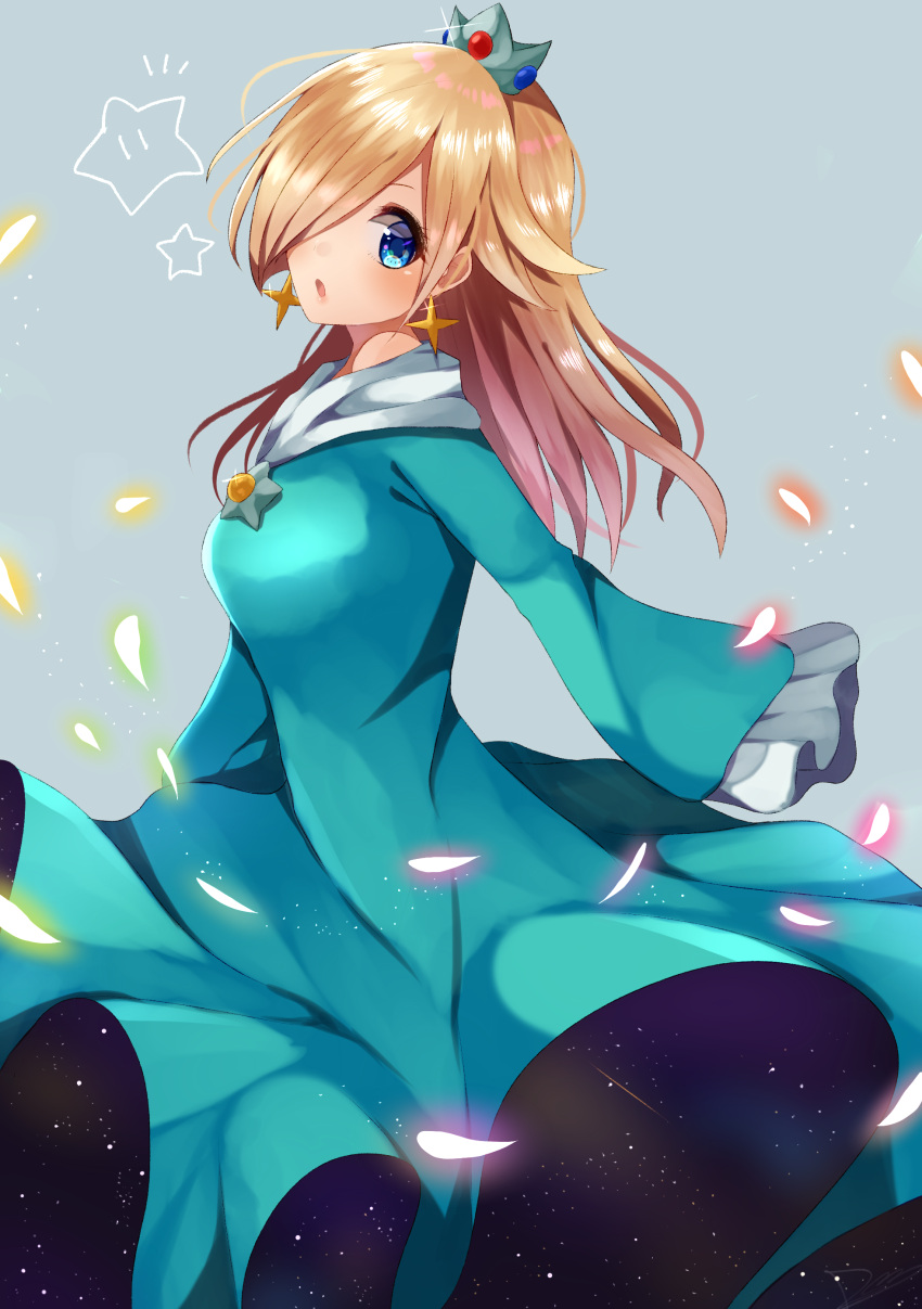 1girl absurdres blonde_hair blue_dress blue_eyes crown dress earrings eyelashes falling_petals grey_background hair_over_one_eye highres jewelry long_hair long_sleeves mario_(series) open_mouth petals rosalina rushin sleeves_past_fingers sleeves_past_wrists solo super_star_(mario)