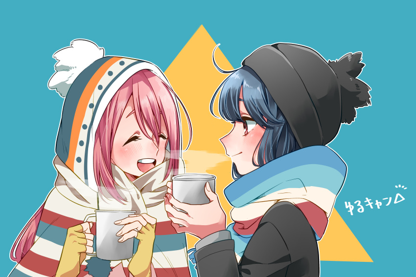 2girls absurdres beanie black_headwear blue_background blue_hair blush closed_eyes closed_mouth commentary_request copyright_name cup fingerless_gloves gloves hat highres holding holding_cup hood hood_up kagamihara_nadeshiko kashikaze long_hair long_sleeves looking_at_another multiple_girls open_mouth outline pink_hair red_eyes scarf shima_rin smile steam teeth triangle_background two-tone_background upper_body upper_teeth_only white_outline yellow_background yellow_gloves yurucamp