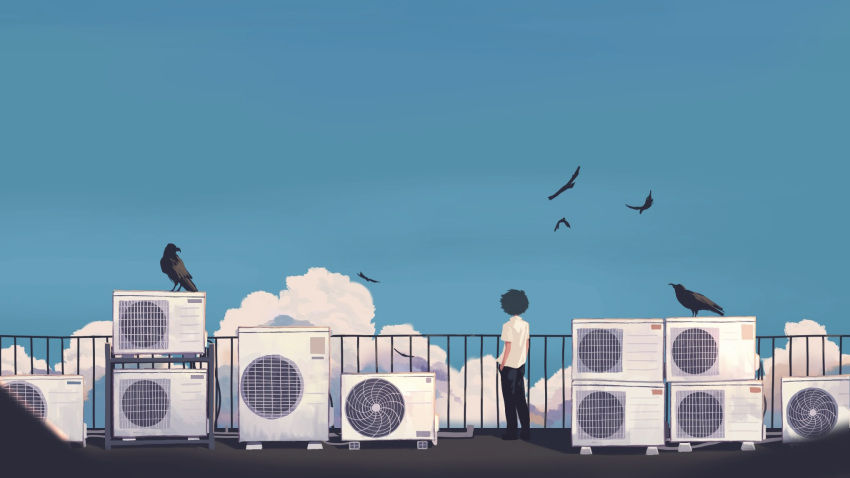 1boy air_conditioner bird black_pants blue_hair blue_sky cloud commentary_request crow day facing_away flying highres original outdoors pants railing rooftop scenery shirt short_hair short_sleeves sky solo standing taizo4282 white_shirt wide_shot