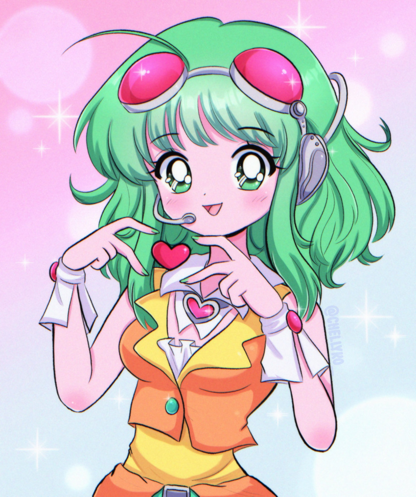 1990s_(style) 1girl :d absurdres artist_name bare_arms belt breasts brooch chellyko collar crop_top detached_collar dot_nose eyelashes goggles goggles_on_head gradient_background green_belt green_eyes green_hair green_nails gumi headphones headset heart heart_brooch heart_hands highres jewelry light_blush looking_at_viewer medium_breasts medium_hair microphone nail_polish open_mouth orange_shirt orange_skirt pink-tinted_eyewear red_goggles retro_artstyle shirt short_hair_with_long_locks sidelocks skirt sleeveless sleeveless_shirt smile solo sparkle tinted_eyewear tongue upper_body vocaloid white_collar white_wrist_cuffs wrist_cuffs yellow_shirt