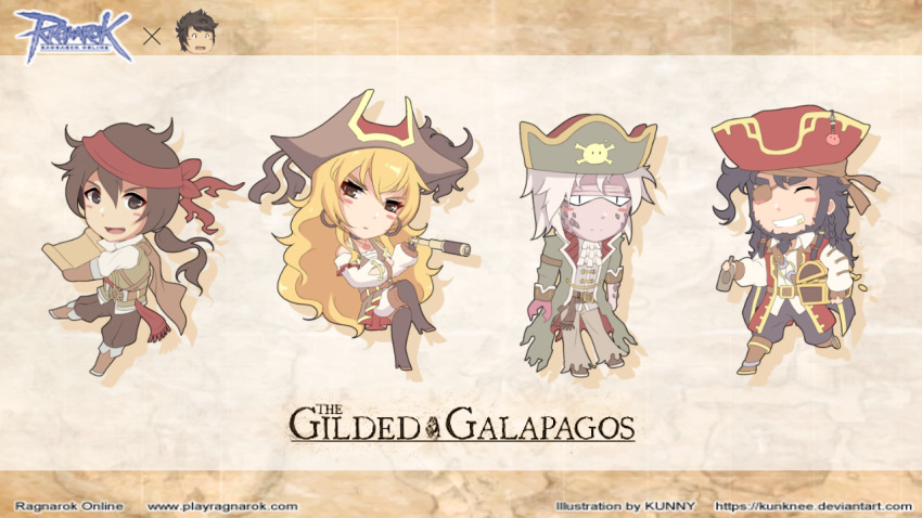 1girl 3boys ascot beard belt bicorne black_hair blonde_hair breasts brown_bandana brown_belt brown_eyes brown_hair brown_pants brown_vest character_request chibi claws cleavage closed_eyes closed_mouth coat collared_shirt commentary_request detached_sleeves eyepatch facial_hair frilled_shirt frills full_body green_vest grin hat holding_telescope international_talk_like_a_pirate_day jacques_peco jewelry kunknee long_hair medium_breasts multiple_boys necklace official_art open_mouth pants pirate poring ragnarok_online red_coat red_headwear scar shirt shoelace_sean short_hair smile sword vest wavy_hair weapon white_ascot white_hair white_shirt white_sleeves william_rotator