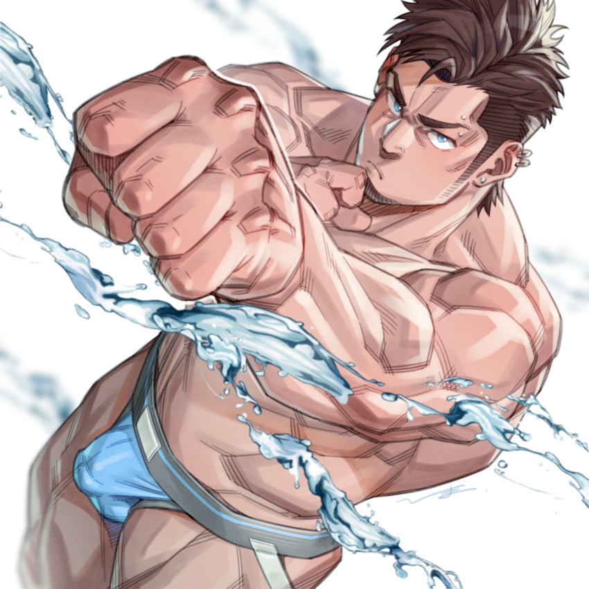 1boy bara blue_eyes blue_male_underwear brown_hair bulge clenched_hands closed_mouth earrings facial_hair highres hima_(nichikan) jewelry jockstrap large_pectorals male_focus male_underwear muscular muscular_male original pectorals short_hair sideburns solo splashing underwear water