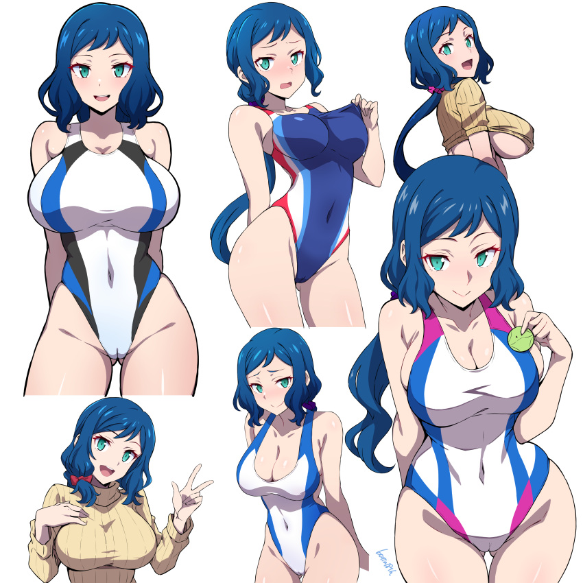 1girl absurdres aqua_eyes ass_visible_through_thighs batta_16-sei blue_eyes blush breasts cleavage commentary_request competition_swimsuit covered_navel cropped_legs gundam gundam_build_fighters haro highres iori_rinko large_breasts looking_at_viewer low_ponytail multiple_views one-piece_swimsuit open_mouth ribbed_sweater simple_background smile sweater swimsuit turtleneck turtleneck_sweater underboob v white_background