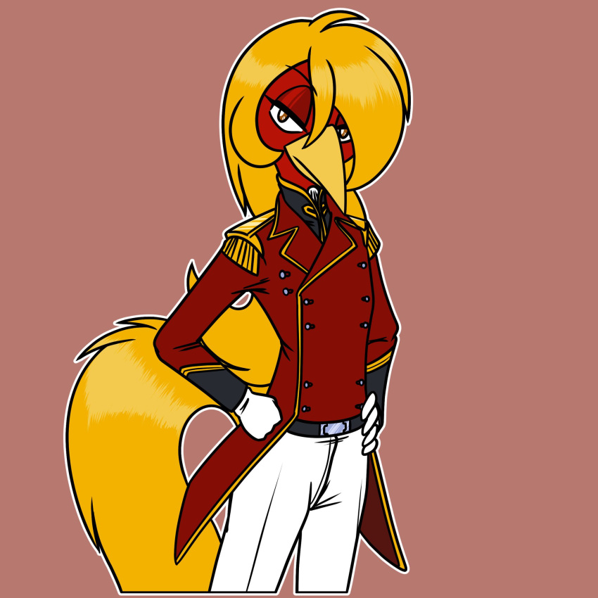 anthro avian beak bird chrysolophus clothing epaulet feathers galliform glori_gamebird golden_pheasant gundam hair hi_res long_hair long_tail military_uniform phasianid red_body red_feathers tail uniform whitephoenix52 yellow_beak yellow_body yellow_feathers