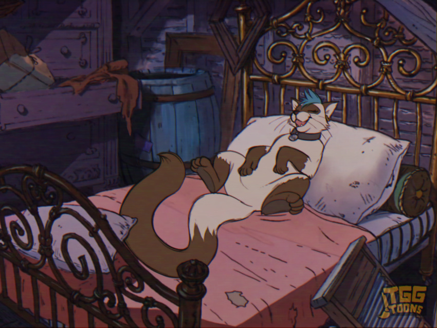bed collar disney domestic_cat felid feline felis female feral furniture hermia_idril hi_res lying mammal on_back pillow siamese solo style_emulation the_aristocats the_gentle_giant