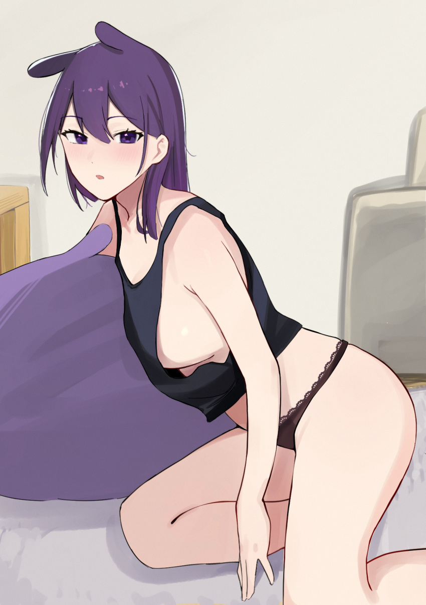 1girl bare_arms black_panties black_tank_top breasts from_side highres hololive hololive_english kneeling koupi_(ku_roiko) ku_roiko long_hair looking_at_viewer looking_to_the_side open_mouth panties personification purple_eyes purple_hair sideboob solo takodachi_(ninomae_ina'nis) tank_top underwear