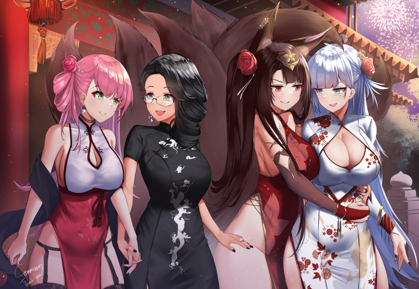 4girls absurdres aerial_fireworks akagi_(azur_lane) animal_ears architecture azur_lane bare_legs china_dress chinese_clothes cleavage_cutout clothing_cutout commission cowboy_shot dress east_asian_architecture english_commentary female_commander_(azur_lane) fireworks flower fox_ears fox_girl fox_tail hair_flower hair_ornament highres irkawaza kitsune kyuubi memphis_(azur_lane) multiple_girls multiple_tails shoukaku_(azur_lane) side_slit tail