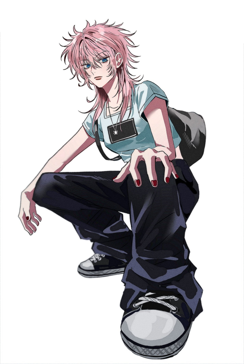 1girl ba_y0 bag blue_eyes collarbone full_body hair_between_eyes highres hunter_x_hunter jewelry long_hair looking_at_viewer machi_komacine nail_polish necklace pink_hair red_nails shirt shoes short_sleeves shoulder_bag simple_background sneakers solo squatting white_background white_shirt