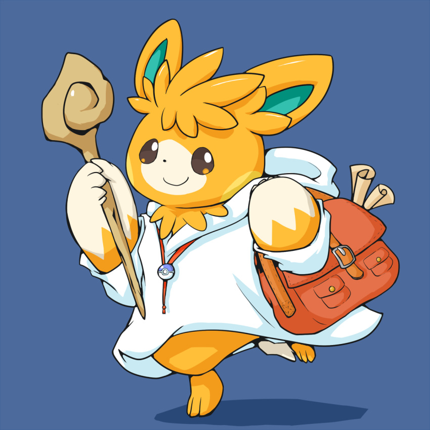 bag blue_background brown_eyes creature dot_nose furry highres holding holding_bag holding_staff hood hood_down hooded_robe kinakomochi_(kazuna922) orange_fur pawmot poke_ball pokemon pokemon_(creature) red_bag robe scroll smile staff standing standing_on_one_leg white_robe