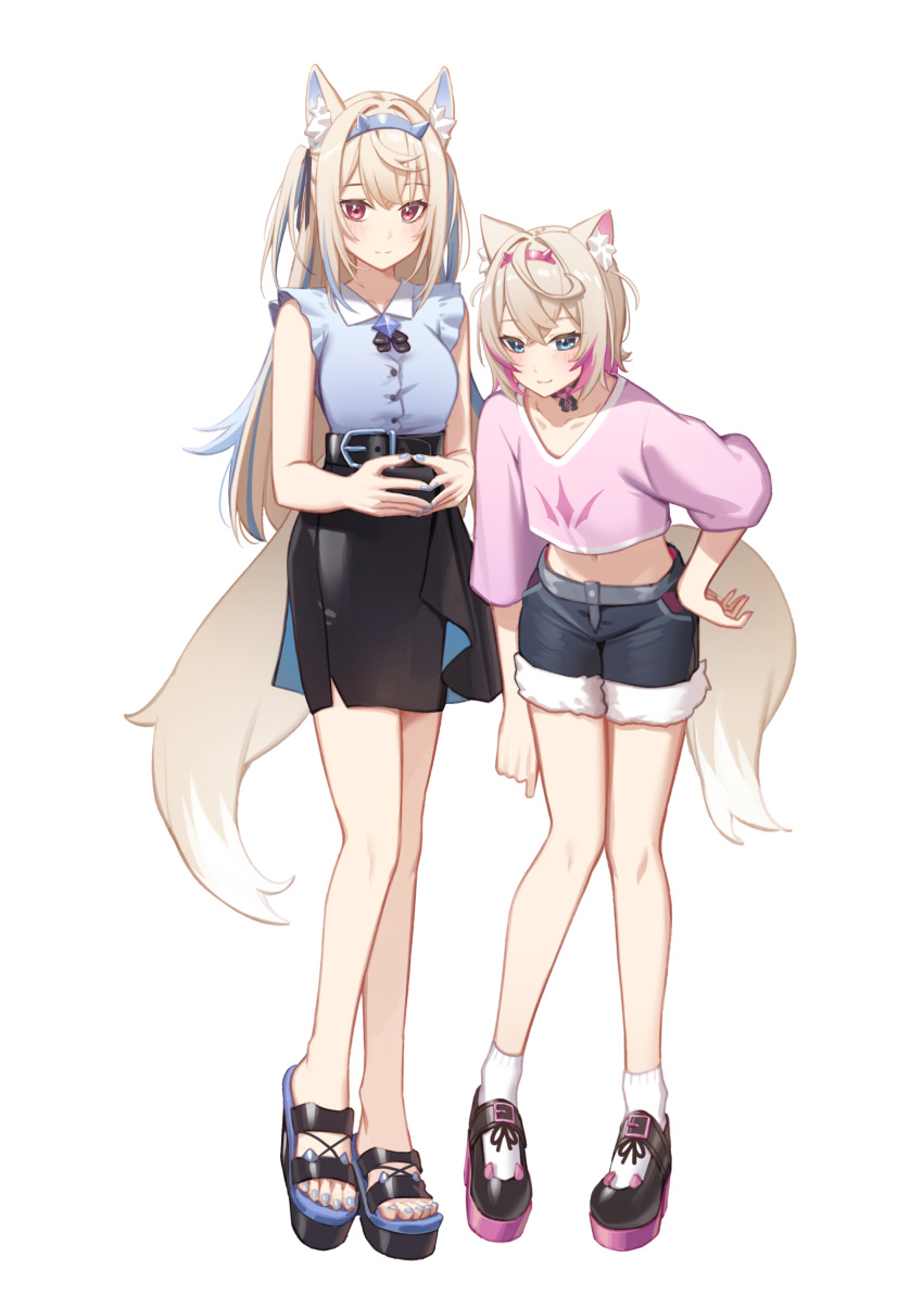 2girls absurdres ahoge alternate_costume animal_ear_fluff animal_ears blonde_hair blue_eyes blue_hair dog_ears dog_girl erezu fuwawa_abyssgard hair_ornament highres hololive hololive_english long_hair looking_at_viewer midriff mococo_abyssgard multicolored_hair multiple_girls nail_polish pink_eyes pink_hair shorts siblings simple_background sisters skirt streaked_hair virtual_youtuber white_background