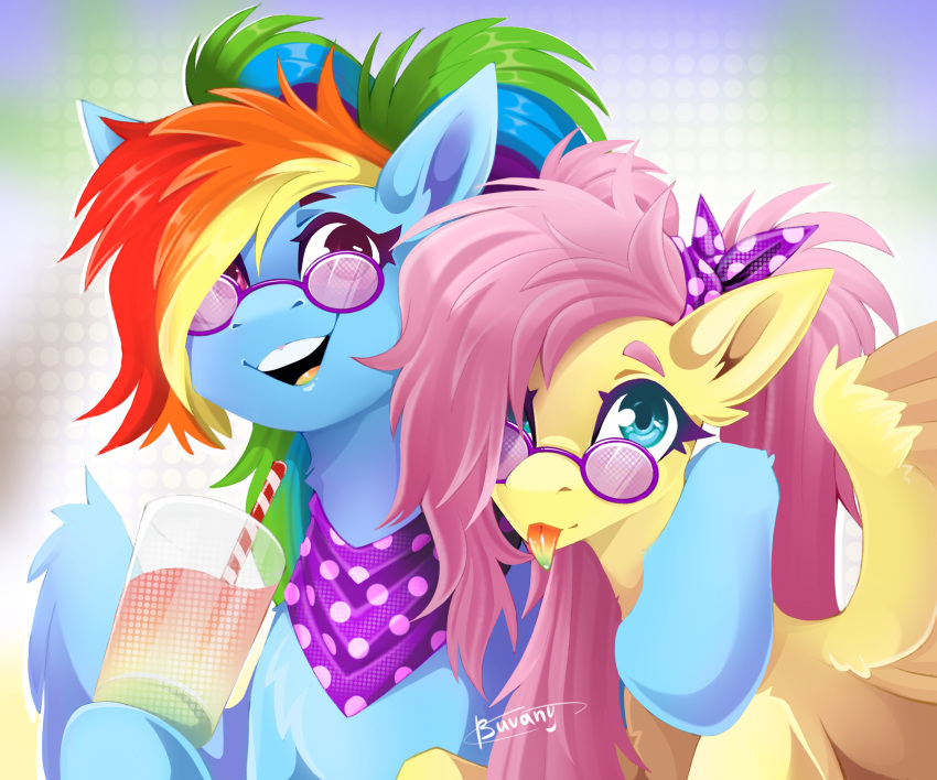 2023 absurd_res accessory alternate_hairstyle bandanna beverage blue_body blue_eyes blue_feathers blue_fur buvanybu container cup digital_media_(artwork) duo equid equine eyelashes eyewear feathers female feral fluttershy_(mlp) friendship_is_magic fur hair hair_accessory hasbro hi_res kerchief mammal multicolored_hair multicolored_tongue my_little_pony open_mouth open_smile pegasus pigtails pink_eyes pink_hair rainbow_dash_(mlp) rainbow_hair signature smile straw sunglasses teeth tongue tongue_out wings yellow_body yellow_feathers yellow_fur