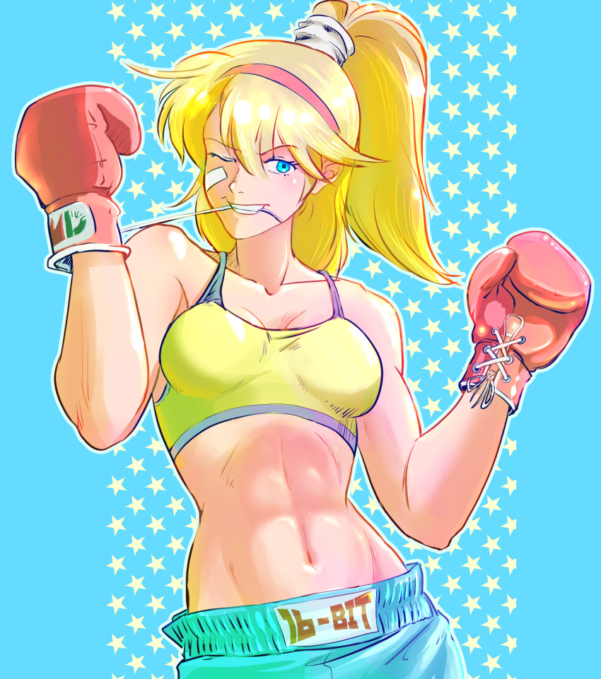 1girl abs bandaid bandaid_on_cheek bandaid_on_face battle_mania bb9_megadrive biting blonde_hair blue_eyes blue_shorts boxing_gloves boxing_shorts breasts cleavage commentary_request grin hairband high_ponytail highres medium_breasts navel one_eye_closed ootorii_mania red_hairband shorts smile solo sports_bra starry_background upper_body