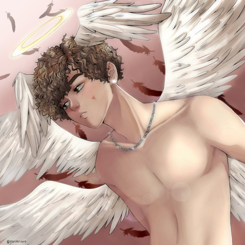 1boy angel_wings chain_necklace collarbone commentary_request commission curly_hair eyebrows_hidden_by_hair feathered_wings halo highres jewelry male_focus multiple_wings necklace nude original solo twitter_username wings yerueriart
