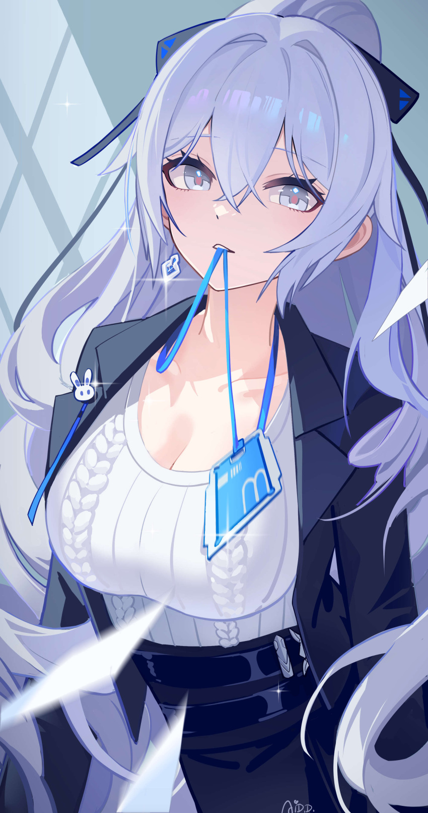 1girl absurdres ai_dongdong black_skirt black_suit breasts bronya_zaychik bronya_zaychik_(silverwing:_n-ex) business_suit cleavage collarbone crossed_bangs drill_hair formal grey_eyes grey_hair hair_between_eyes highres honkai_(series) honkai_impact_3rd id_card large_breasts long_hair looking_at_viewer office office_lady shirt sidelocks skirt suit very_long_hair white_shirt