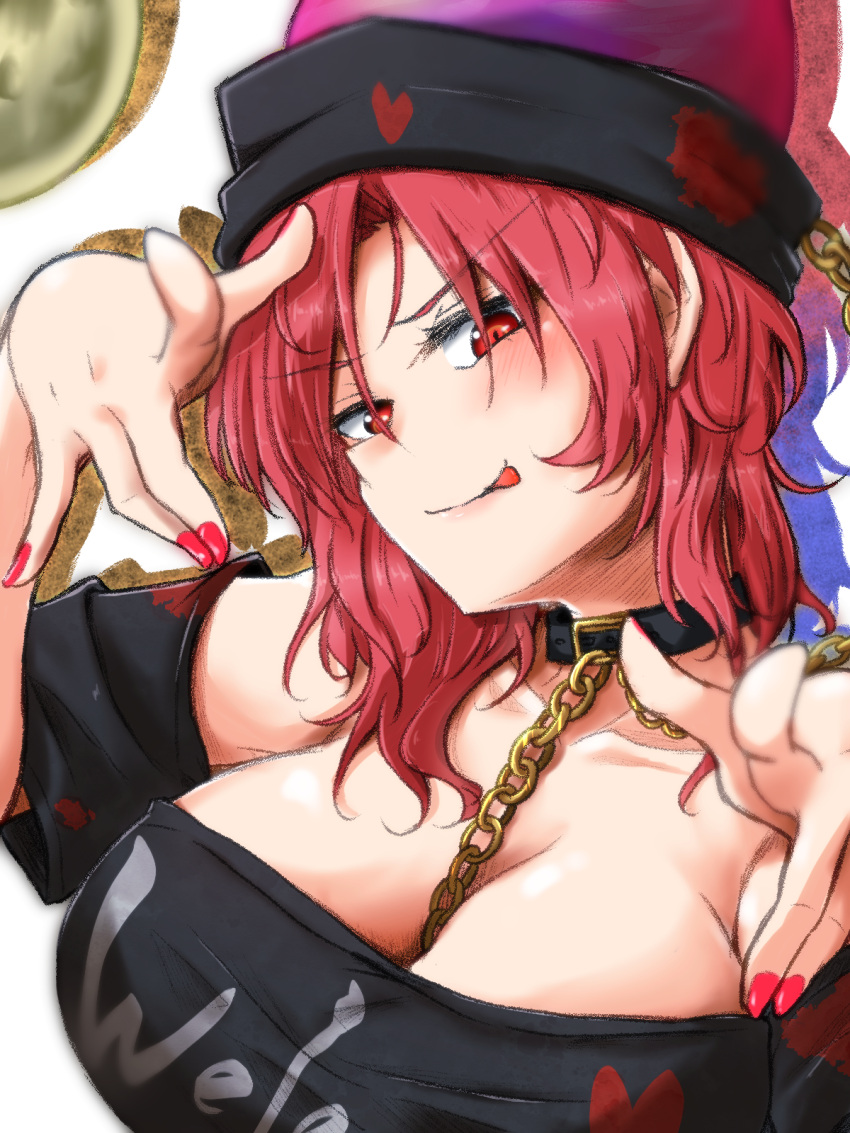 1girl bare_shoulders black_choker black_headwear blush breasts chain choker cleavage collar hand_up hecatia_lapislazuli highres large_breasts looking_at_viewer medium_hair moon_(ornament) off-shoulder_shirt off_shoulder oshiaki polos_crown puffy_short_sleeves puffy_sleeves red_eyes red_hair red_nails shirt short_sleeves simple_background solo tongue tongue_out touhou underworld_(ornament) upper_body wavy_hair white_background