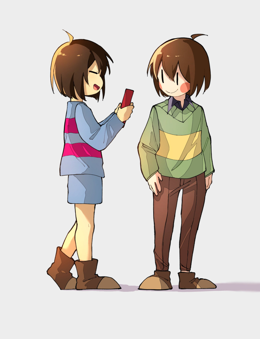 2others =_= ahoge androgynous ankle_boots arms_at_sides blue_shorts blue_sweater blush_stickers boots brown_footwear brown_hair brown_pants chara_(undertale) child chocolate closed_eyes commentary evil_smile food frisk_(undertale) from_side full_body giving green_sweater grey_background highres holding holding_chocolate holding_food long_sleeves multiple_others open_mouth other_focus pants profile short_hair shorts simple_background smile sonokare standing sweater symbol-only_commentary undertale |_|