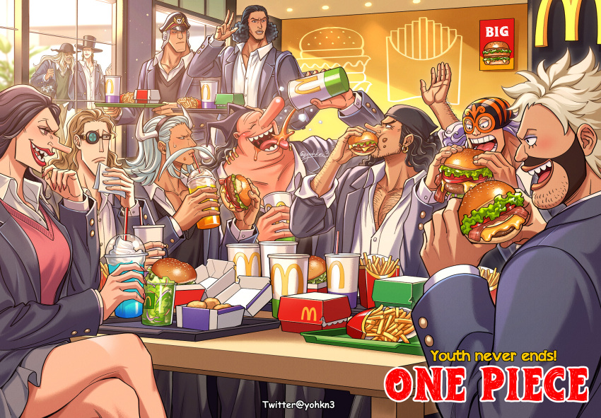 1girl 6+boys alternate_costume arms_up avalo_pizarro beard black_hair blue_hair burger cafe catarina_devon copyright_name crossed_legs cup curly_hair doc_q drinking earrings eating english_text facial_hair food food_on_face french_fries highres holding holding_cup holding_food holding_tray horns indoors jesus_burgess jewelry kuzan_(aokiji) lafitte long_hair long_nose marshall_d._teach mcdonald's multiple_boys napkin one_piece open_mouth sanjuan_wolf school_uniform shiliew short_hair sitting smile table teeth tray twitter_username van_augur vasco_shot white_hair wrestling_mask youkan_(tako)