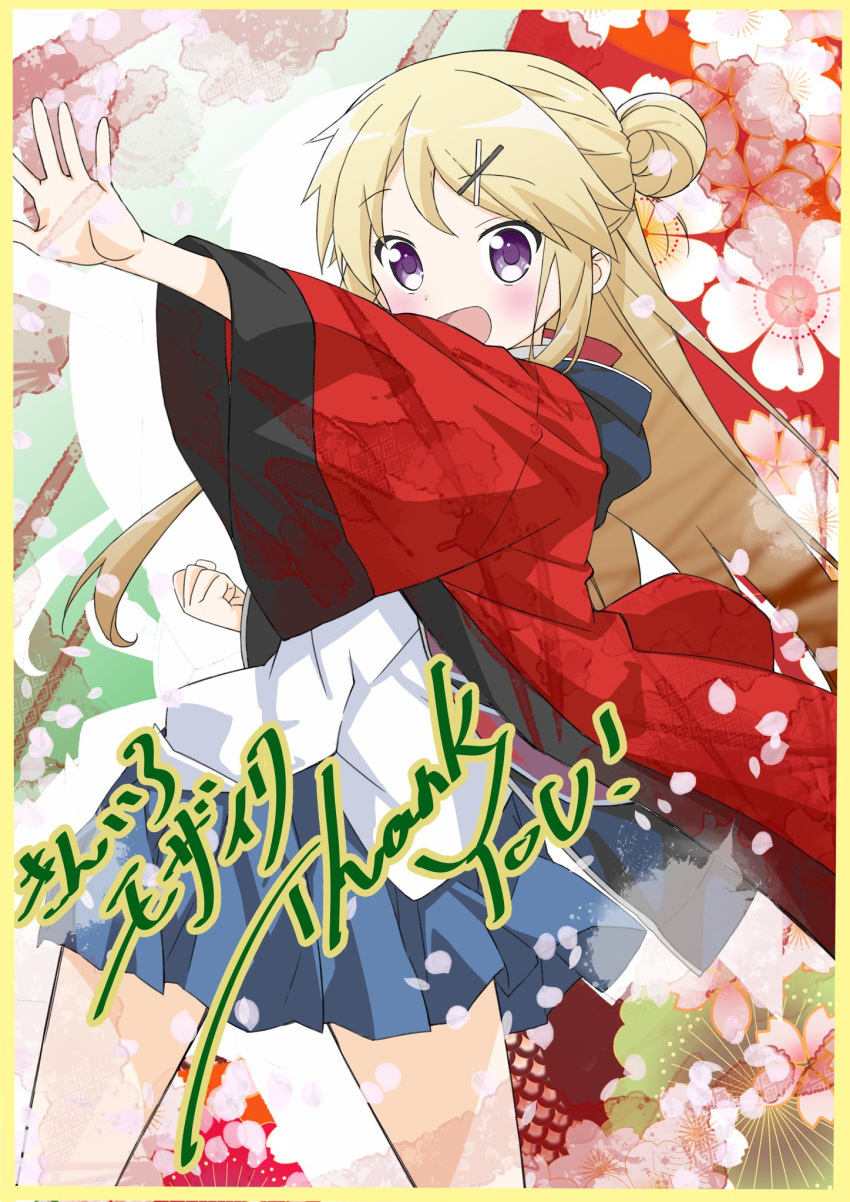 1girl :d blonde_hair blue_jacket blue_skirt clenched_hand commentary_request cowboy_shot english_text floating_hair floral_background grey_eyes hair_bun hair_ornament hairclip highres hood hood_down jacket japanese_clothes kin-iro_mosaic kujou_karen light_blush long_hair looking_at_viewer messy_hair mixed-language_text multicolored_clothes multicolored_jacket official_alternate_costume official_art open_hand outstretched_hand ozeki_miyabi pleated_skirt pose_request purple_eyes school_uniform shirt skirt smile solo standing thank_you translation_request two-tone_jacket untucked_shirt very_long_hair white_shirt winter_uniform x_hair_ornament
