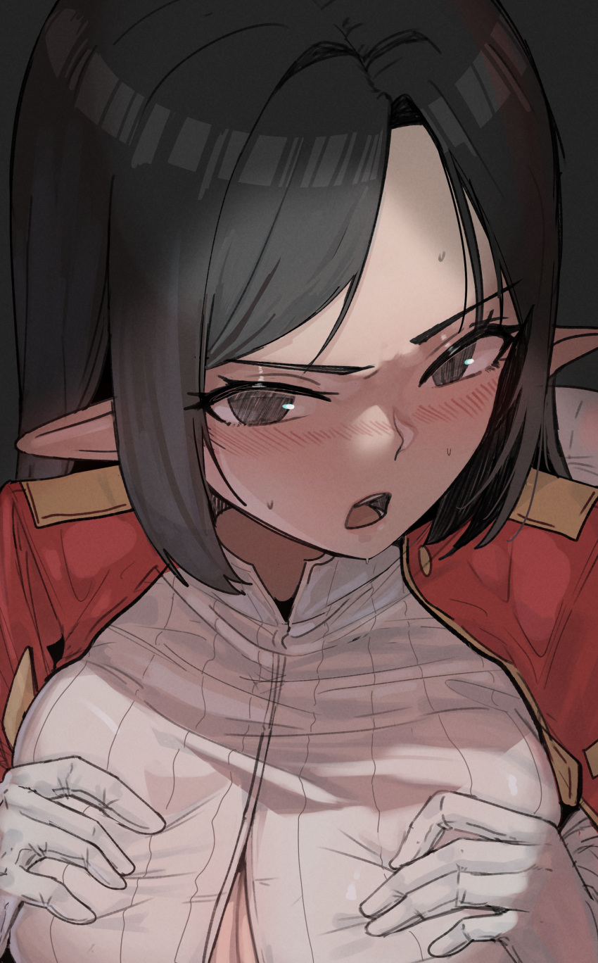 1girl absurdres adele_(maplestory) black_hair blush breasts film_grain gloves grey_background grey_eyes hair_intakes hands_on_own_breasts highres implied_paizuri korean_commentary large_breasts looking_at_viewer maplestory no_pupils nose_blush open_mouth orangewink pointy_ears short_hair solo teeth v-shaped_eyebrows white_gloves