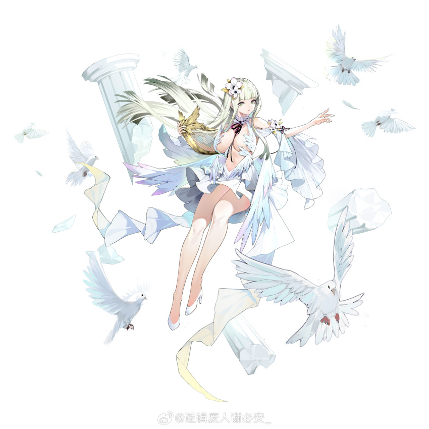1girl absurdres bird breasts broken_pillar chunbai_renxing commentary_request dress feathered_wings flower full_body green_eyes hair_flower hair_ornament harp high_heels highres holding holding_instrument instrument large_breasts long_hair looking_at_viewer multiple_wings original parted_lips pigeon pillar revealing_clothes simple_background solo weibo_logo weibo_username white_background white_bird white_dress white_flower white_footwear white_hair white_wings wings