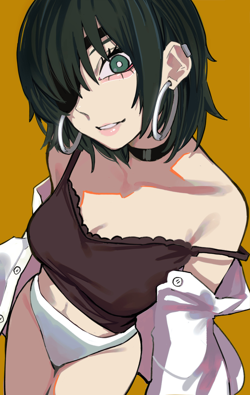 1girl absurdres black_camisole black_choker black_hair camisole chainsaw_man choker earrings eyepatch foreshortening frilled_camisole frills green_eyes hair_over_one_eye head_tilt highres himeno_(chainsaw_man) hoop_earrings jewelry looking_at_viewer no_pants off-shoulder_shirt off_shoulder parted_lips sailen0 shirt short_hair simple_background solo white_shirt yellow_background