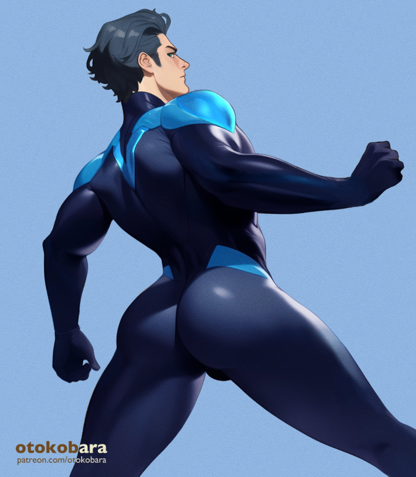 1boy artist_name ass back bara batman_(series) black_bodysuit black_hair blue_bodysuit bodysuit dc_comics dick_grayson highres large_pectorals looking_back male_focus muscular muscular_male nightwing otokobara patreon_username pectorals short_hair simple_background solo superhero thick_thighs thighs two-tone_bodysuit