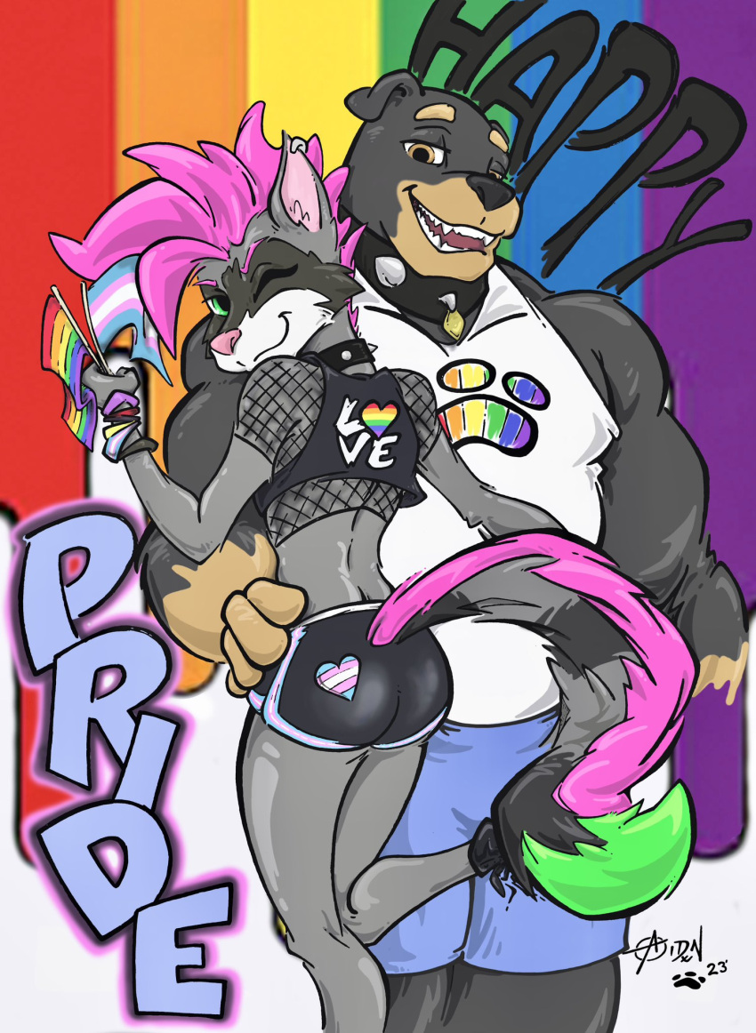 anthro big_spike bottomwear canid canine canis clothing collar crop_top domestic_dog duo ethan_bedlam fishnet girly hands_on_hips hi_res hotpants invalid_tag lgbt_pride male male/male mammal mastiff mohawk molosser one_eye_closed pride_colors procyonid raccoon rainbow_pride_colors raised_leg rottweiler shirt shorts size_difference spike_(big_spike) spiked_collar spikes text topwear transgender_pride_colors wink