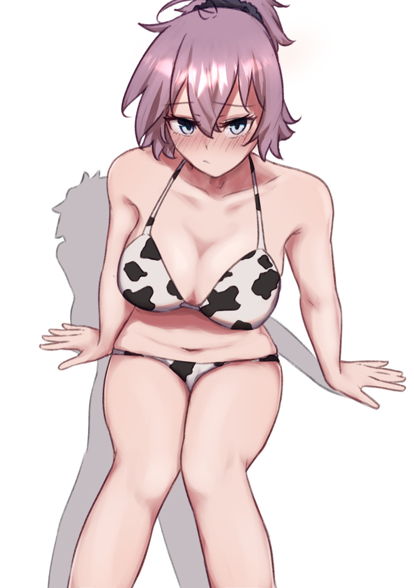 1girl absurdres animal_print aoba_(kancolle) arm_support bikini blue_eyes breasts cleavage collarbone cow_print feet_out_of_frame highres ikadamo kantai_collection large_breasts messy_hair ponytail purple_hair scrunchie short_hair simple_background sitting solo swimsuit white_background white_bikini