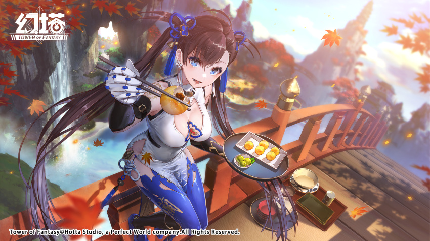 1girl ahoge bare_shoulders black_hair blue_eyes blue_thighhighs blurry blurry_background breasts bridge china_dress chinese_clothes chopsticks cleavage cleavage_cutout clothing_cutout day depth_of_field detached_sleeves dress earrings food gloves hair_ornament highres holding holding_chopsticks jewelry large_breasts leaf long_hair long_sleeves looking_at_viewer maple_leaf official_art open_mouth outdoors pelvic_curtain plate sho_(shoichi-kokubun) shoes shoulder_tattoo sitting sleeveless sleeveless_dress smile solo tassel tassel_hair_ornament tattoo thighhighs thighs tower_of_fantasy twintails very_long_hair white_dress white_gloves yulan_(tower_of_fantasy)