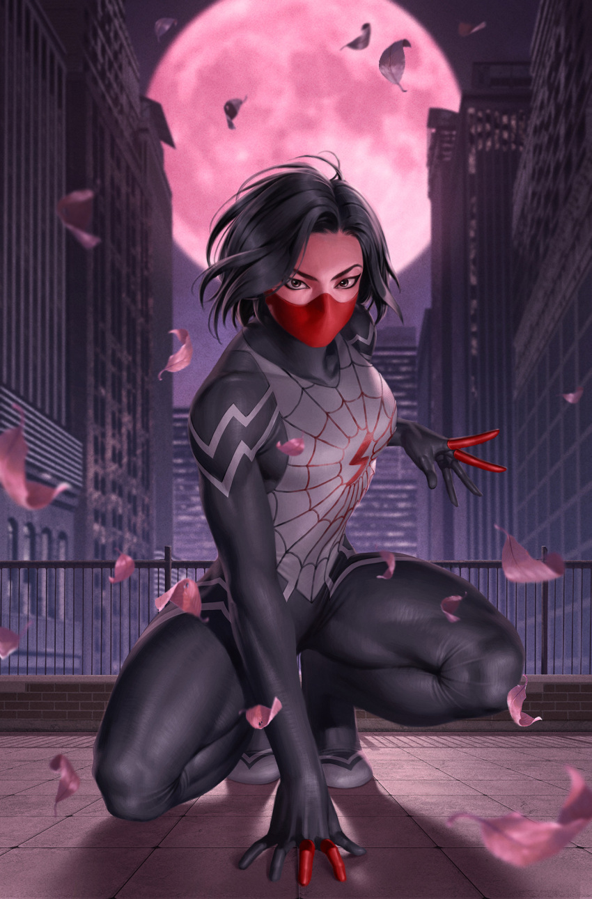 1girl black_bodysuit black_hair bodysuit brown_eyes building cindy_moon cityscape falling_petals full_moon highres looking_at_viewer marvel moon night outdoors petals red_mask red_moon short_hair silk_(marvel) skyscraper solo spider-man_(series) squatting yoon_junggeun