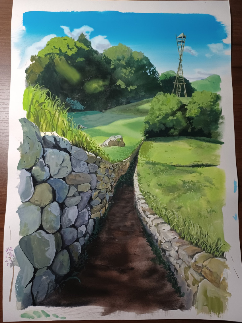 blue_sky bush cloud cloudy_sky cobblestone forest grass highres nature no_humans original painting_(medium) plant rock scenery sky stone_wall tetsugbl14 tower traditional_media tree trench wall