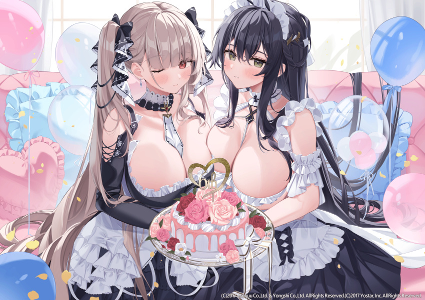 2girls azur_lane balloon bare_shoulders between_breasts black_dress black_hair blush breasts cake cleavage collarbone detached_collar detached_sleeves dress food formidable_(azur_lane) frilled_dress frills green_eyes grey_hair hair_ribbon highres indomitable_(azur_lane) large_breasts long_hair looking_at_viewer multiple_girls neck_ribbon official_art one_eye_closed red_eyes ribbon sg_(satoumogumogu) smile twintails two-tone_dress two-tone_ribbon very_long_hair white_dress