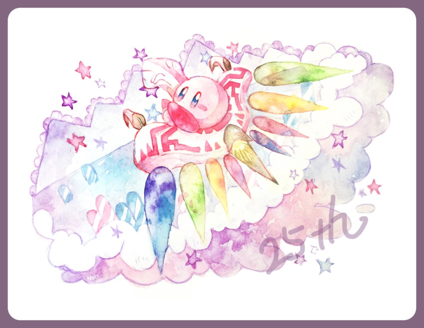 anniversary blue_eyes blush_stickers border bright_pupils cloud dragoon_(kirby) kirby kirby_(series) no_humans non_(kumakawayusu) painting_(medium) purple_border riding sitting solo star_(symbol) traditional_media watercolor_(medium) white_background white_pupils