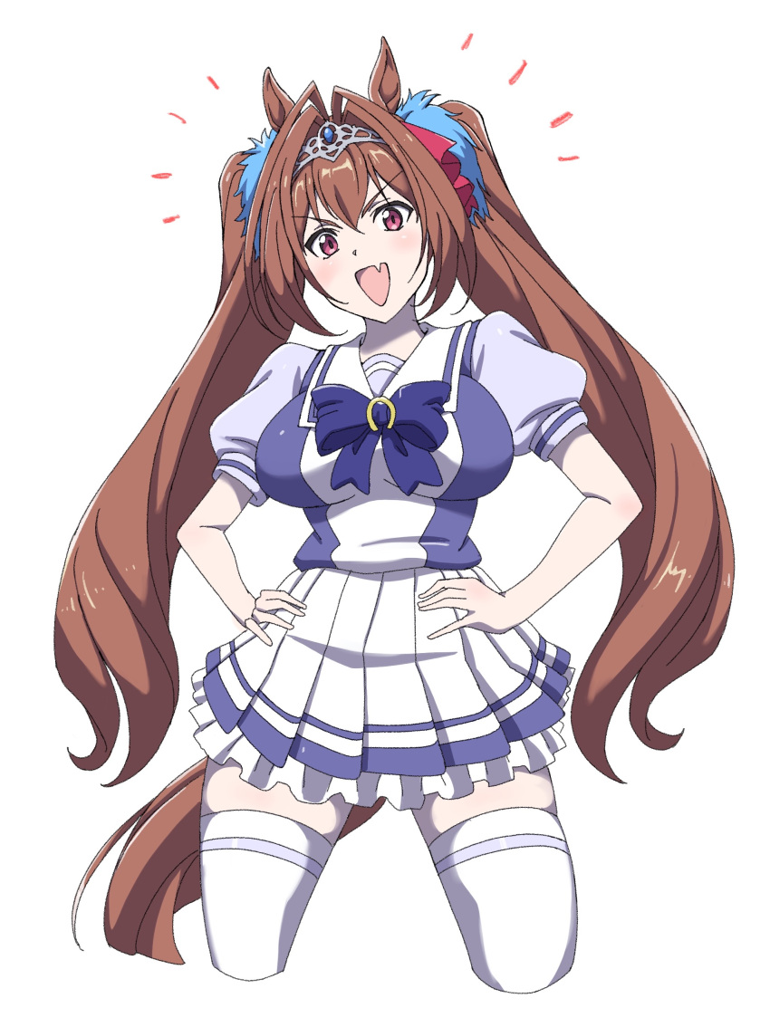 1girl :d absurdres animal_ears blue_bow blue_bowtie bow bowtie breasts brown_hair brown_tail cropped_legs daiwa_scarlet_(umamusume) fang hair_intakes hair_ribbon hands_on_own_hips highres horse_ears horse_girl horse_tail legs_apart looking_at_viewer medium_breasts miniskirt open_mouth pink_eyes pink_ribbon pleated_skirt powerhamuhamu puffy_short_sleeves puffy_sleeves ribbon school_uniform short_sleeves simple_background single_horizontal_stripe skin_fang skirt smile solo standing tail thighhighs tiara twintails umamusume white_background white_thighhighs zettai_ryouiki