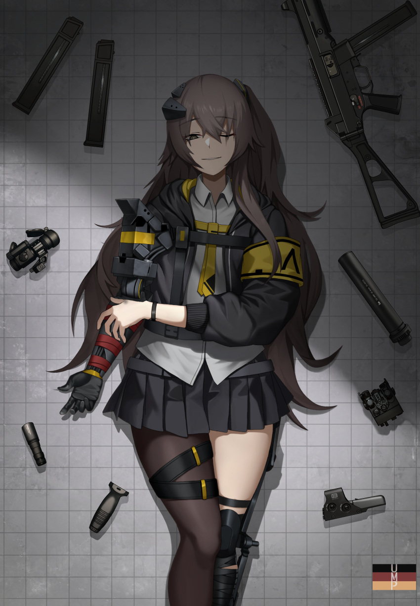 1girl absurdres asymmetrical_legwear black_gloves black_jacket black_pantyhose black_skirt brown_eyes brown_hair cero_(last2stage) commission german_flag girls'_frontline gloves gun h&amp;k_ump highres jacket long_sleeves looking_at_viewer lying magazine_(weapon) necktie on_back one_eye_closed optical_sight pantyhose prosthesis prosthetic_arm scar scar_across_eye shirt single_glove skirt smile solo submachine_gun thighs ump45_(girls'_frontline) ump45_(mod3)_(girls'_frontline) weapon white_shirt yellow_armband yellow_necktie