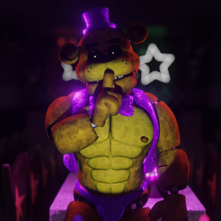 abs animatronic bear bulge clothing five_nights_at_freddy's fredbear_(fnaf) fur golden_freddy_(fnaf) hat headgear headwear hi_res humanoid machine male mammal muscular muscular_male nipples polishbonnie purple_bow purple_bow_tie purple_bowtie purple_clothing purple_hat purple_headwear purple_underwear robot robot_humanoid scottgames shush solo underwear yellow_body yellow_fur