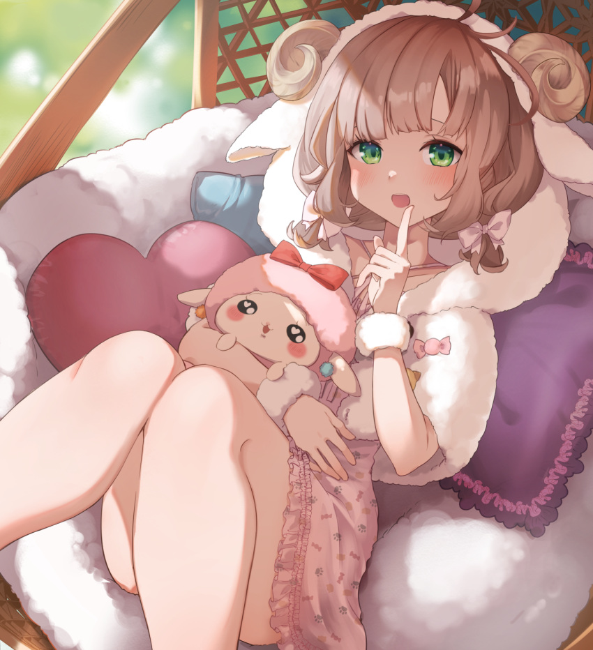 :o animal_hood asuka_hina bare_legs blush bow brown_hair capelet curled_horns dress feet_out_of_frame finger_to_mouth frilled_dress frills green_eyes hair_bow hand_to_own_mouth hand_up heart heart_pillow highres holding holding_stuffed_toy hood hood_up hooded_capelet horns index_finger_raised knees knees_together_feet_apart knees_up kyouya0514 legs looking_at_viewer multiple_hair_bows nijisanji open_mouth parted_bangs paw_print pillow pink_dress print_dress short_dress short_hair short_twintails sitting stuffed_toy teeth twintails upper_teeth_only virtual_youtuber white_bow white_capelet white_hood wristband