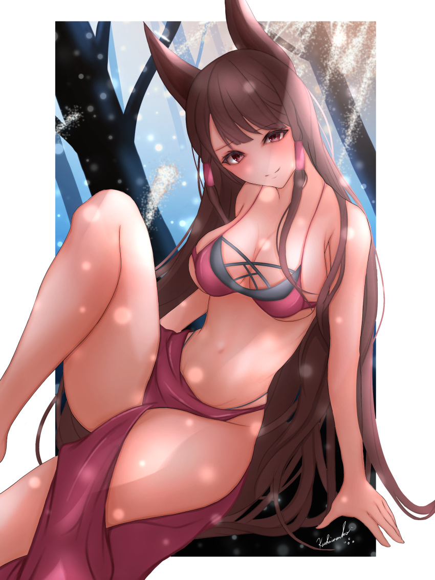 1girl absurdres akagi_(azur_lane) akagi_(paradise_amaryllis)_(azur_lane) animal_ears arms_behind_back azur_lane bikini blush breasts brown_hair cleavage feet_out_of_frame fox_ears fox_girl hair_ornament hairclip highres knee_up legs long_hair medium_breasts navel outdoors red_bikini red_eyes signature smile solo swimsuit thighs very_long_hair